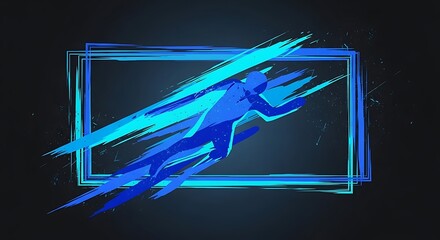 Dynamic blue figure leaps through abstract paint strokes within a frame.
