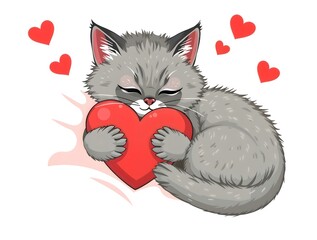 simple illustration of Stylized cute cozy Cat hugs red heart and sleeps on white blanket. Postcard with gray fluffy cat for Valentine Day