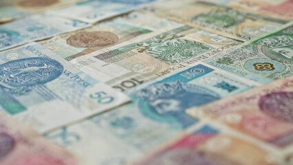 Polish banknotes in various denominations, displaying vibrant colors and intricate designs, represent the zloty currency of poland in a detailed financial theme.