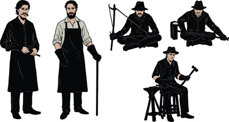 Traditional blacksmith and craftsman illustration set featuring metalworking tools, workshop poses, vintage attire, and authentic artisanal craftsmanship for design, education, and historical projects