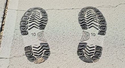 Footprint markings indicate shoe size 10 on textured pavement.
