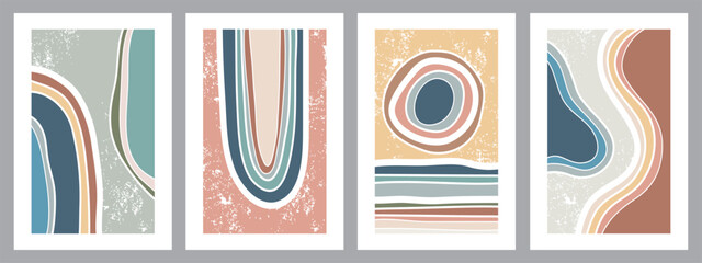 A collection of contemporary art posters in pastel colors. Abstract paper cutouts with geometric elements and strokes, abstract patterns, and dots. Great designs for social media, postcards, and print