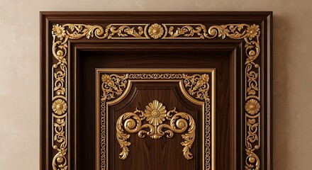 Obraz premium Ornate dark wood door with elaborate golden carvings adorns entryway.
