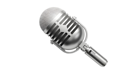 Classic silver chrome studio microphone for broadcasting, podcasting, music, and performance marketing. isolated PNG with Transparent Background