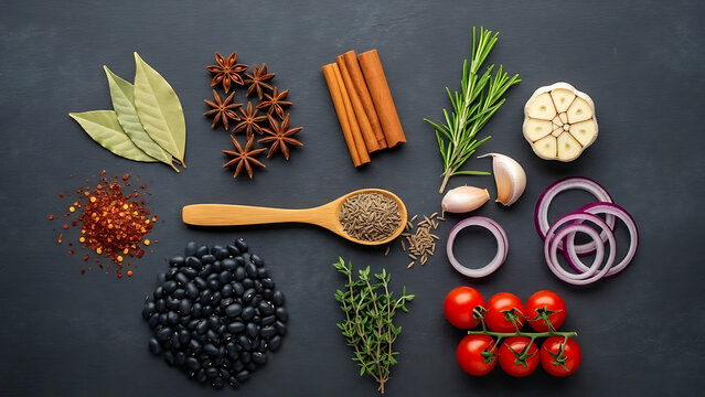 Selection of diverse culinary herbs and spices on a dark background
