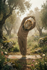 lion doing yoga surrounded by beautiful nature