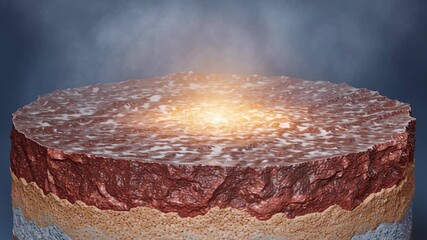 Layered earth cross section geology soil rock sediment mineral underground strata glowing core scientific educational dramatic lighting conceptual illustration showing sedimentary igneous metamorphic