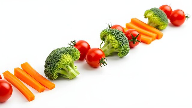 Fresh vegetables arrangement broccoli carrots and tomatoes on white background