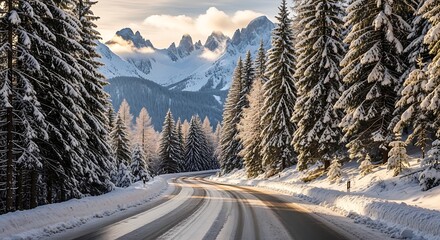 Winding road through snow-covered pine forest with mountain backdrop.
