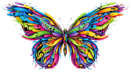 Vibrant abstract musical butterfly design with flowing notes and bright artistic colors isolated PNG with Transparent Background