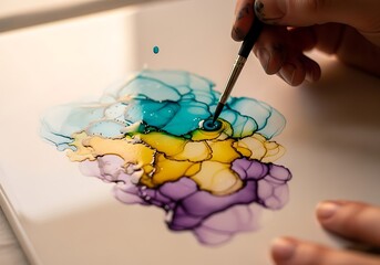 uses brush to create fluid art with colorful alcohol inks.