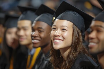 Diverse smiling students celebrating graduation in ceremony