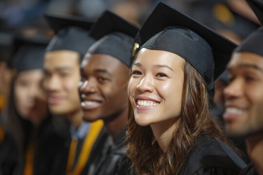 Diverse smiling students celebrating graduation in ceremony