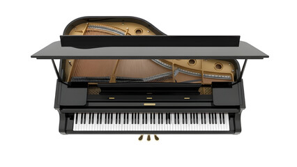 Photorealistic Black Grand Piano with Open Lid Top View isolated PNG with Transparent Background