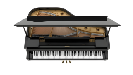 Photorealistic Black Grand Piano with Open Lid Top View isolated PNG with Transparent Background
