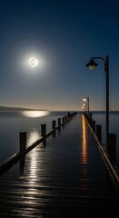 Pier under a full moon with glowing lamps and reflections on water.
