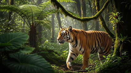 Obraz premium Tiger in Dense Jungle Foliage with Sunlight Filtering Through