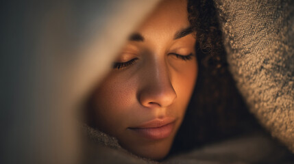 Close up of a woman with closed eyes wrapped in a cozy blanket in soft warm lighting indoors