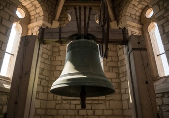 Obraz premium Large bell hangs from wooden beams in a stone tower.