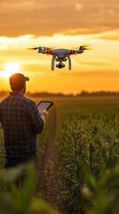 Farmer operating a drone over farmland at sunset