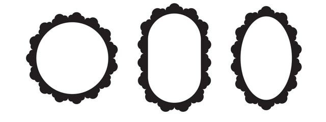 Elegant round and oval frames with intricate lace borders. Black scalloped edges add vintage charm to mirror style decorative designs for logos and monograms.