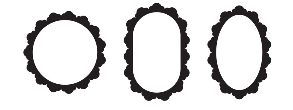 Elegant round and oval frames with intricate lace borders. Black scalloped edges add vintage charm to mirror style decorative designs for logos and monograms.