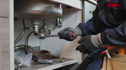 Plumber man installing pipes and fixing a leak under a kitchen sink. Home repair and maintenance concept for professional service.
