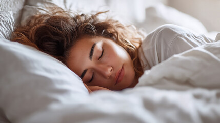 A woman with curly hair sleeping peacefully in a white bed with a white comforter and white pillow