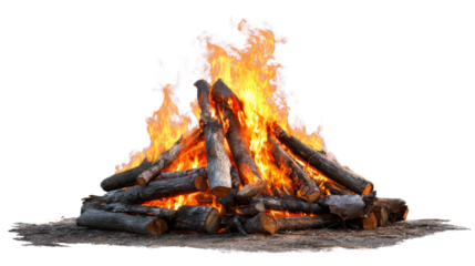 Burning bonfire with flames, logs stacked, bright fire against a dark backdrop.