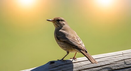 Small brown bird perches on a weathered wooden railing with a soft green background.