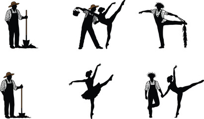 Whimsical farmer and ballerina silhouette collection combining rustic agricultural characters with graceful dance poses for creative illustration, storytelling, and artistic design projects
