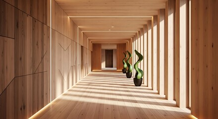 Modern wooden corridor with natural light and decorative plants.