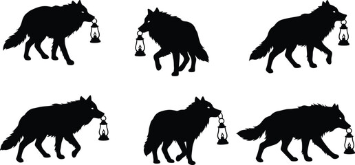 Wolf silhouettes carrying lanterns symbolizing mystery, guidance, wilderness, night adventure, fantasy concept art, and wildlife illustration in black creative design