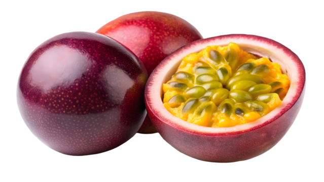 Delicious passion fruit halves with juicy pulp, a healthy snack to enjoy, a tropical delight, ripe and ready to eat, exotic fruit goodness for any occasion