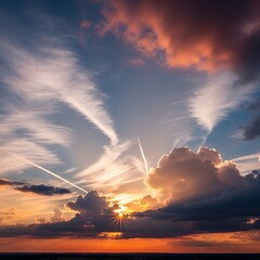 Sunburst behind clouds during a vibrant sunset with contrails.