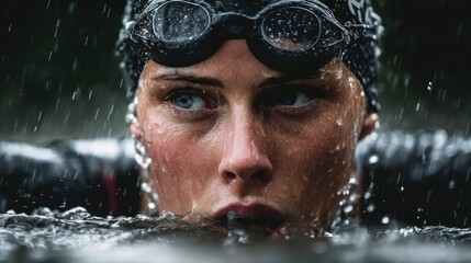 Fototapeta premium Determined female swims steadily in the rain, showcasing resilience and strength during intense training in outdoor conditions