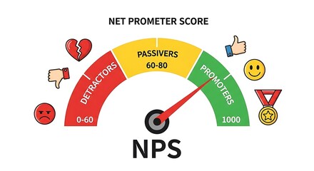 Gauge measures net promoter score with customer sentiment icons.