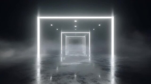 Cinematic fog-filled corridor illuminated by cool neutral light, with soft haze, glowing frames, and deep symmetrical perspective. Ideal for sci-fi, tech, liminal spaces and futuristic design