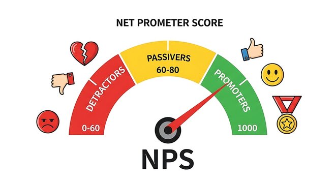 Gauge measures net promoter score with customer sentiment icons.