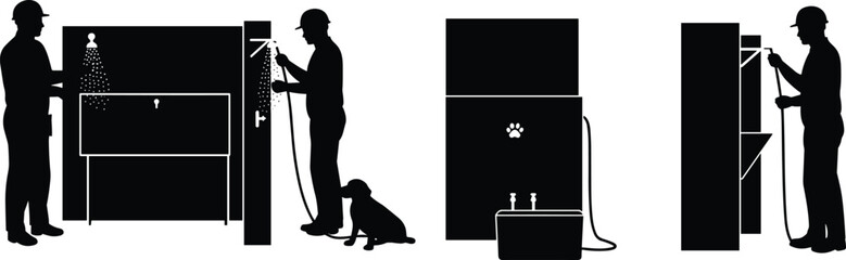 Worker using hose and spray system for washing, pet cleaning and utility sink setup, construction of water station and plumbing maintenance