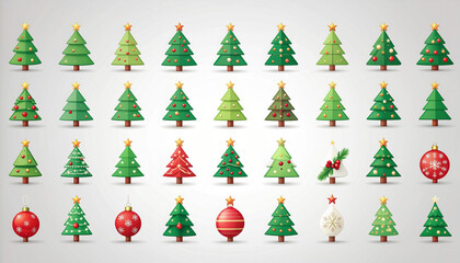 Christmas tree icons in varied styles and colors with ornaments, star toppers, bauble decorations and festive greenery evoking joyful holiday spirit