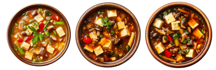 Overhead view of hot and sour tofu soup with vegetables in wooden bowl, isolated on white transparent background