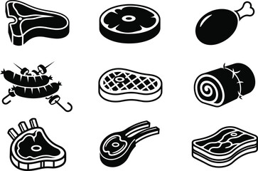 BBQ Meat Icon Set &ndash; Steaks, Sausages, Chicken Leg, Bacon, Ham, Lamb Chops, Butcher Vector