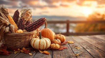 Thanksgiving harvest basket filled with autumn produce on a rustic wooden table surrounded by colorful fallen leaves at sunset
