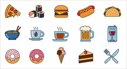 Line art depicts an assortment of fast food icons, including pizza, sushi, and burgers, set against a clean white background, creating a vibrant and inviting