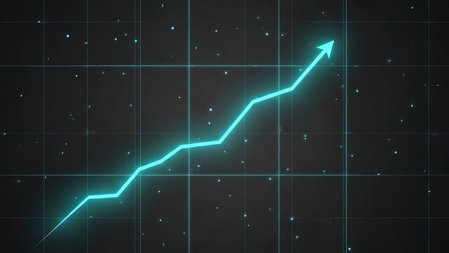 Glowing teal arrow ascending on a dark grid background representing growth.