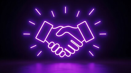 Glowing neon handshake symbol on dark background representing partnership and agreement.