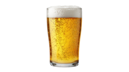 Chilled beer glass filled with golden lager, frothy head, isolated on white background.