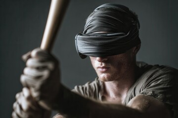Obraz premium Man in headset swings baseball bat blindfolded in a dimly lit room during an intense practice session for coordination and focus