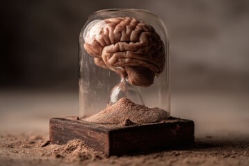 Hourglass fills a brain with sand representing the passage of time and the flow of knowledge in a conceptual art piece